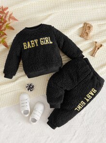 SHEIN Baby Letter Embroidery Teddy Pullover & Trousers - Black - View 1