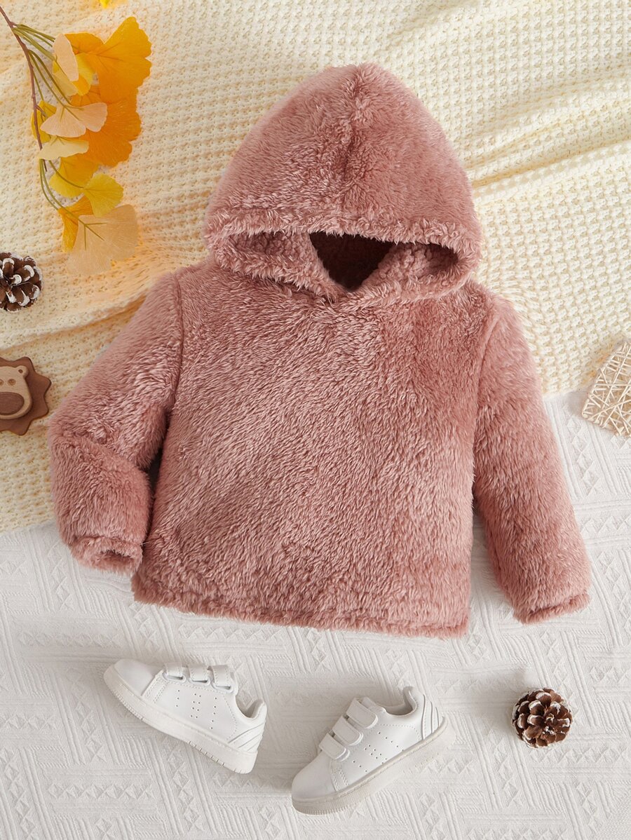SHEIN Baby Solid Teddy Hoodie - Dusty Pink - View 1