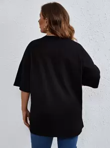 SHEIN LUNE Camiseta de hombros caídos con estampado de slogan y corazón - Negro - Ver 2