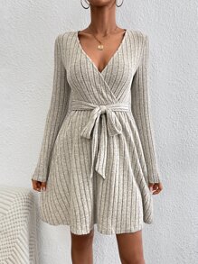 SHEIN Essnce Surplice Neck Belted Dress - Khaki - View 3