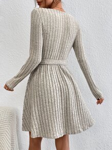 SHEIN Essnce Surplice Neck Belted Dress - Khaki - View 2