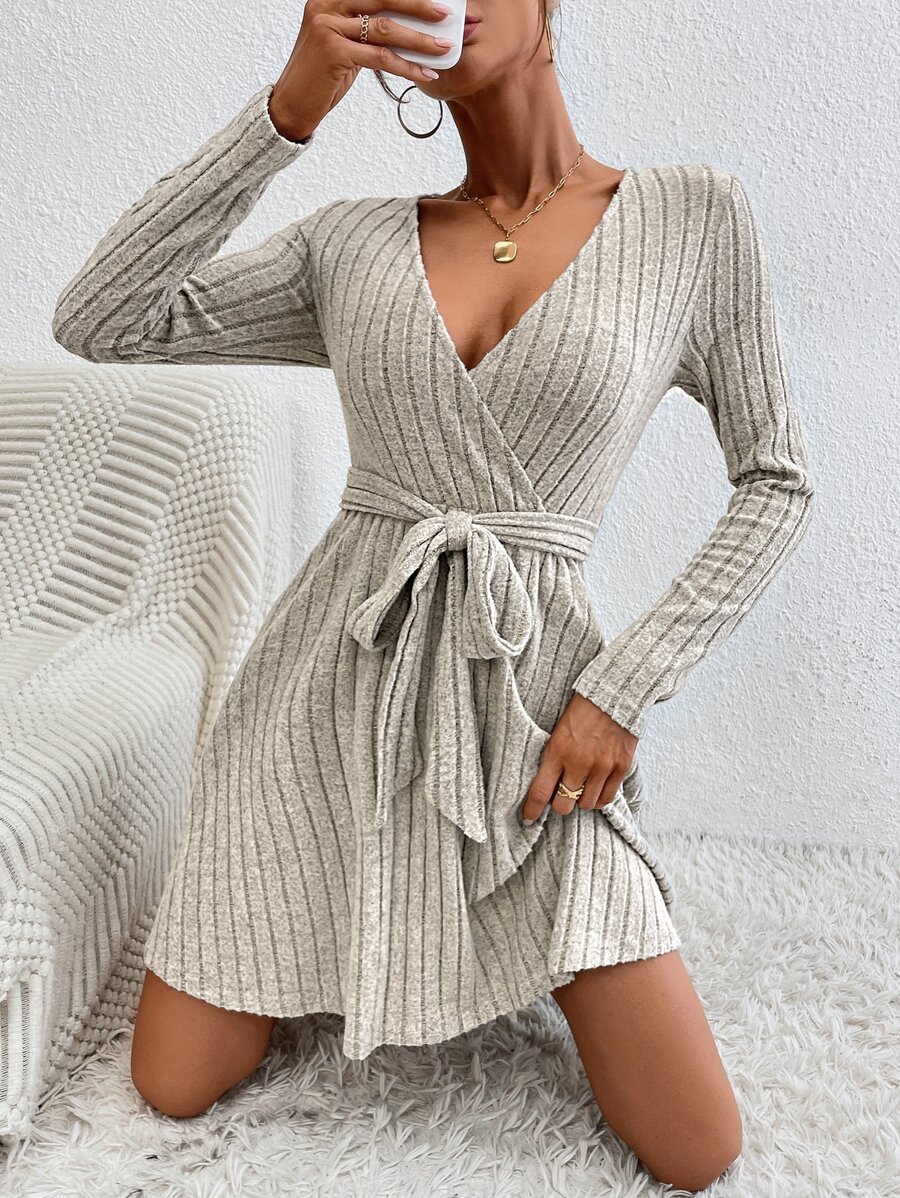 SHEIN Essnce Surplice Neck Belted Dress - Khaki - View 1