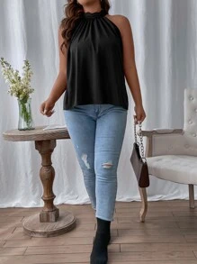 SHEIN LUNE Blusa fruncido cuello con cordón trasero - Negro - Ver 3