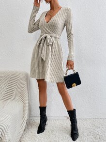 SHEIN Essnce Surplice Neck Belted Dress - Khaki - View 5