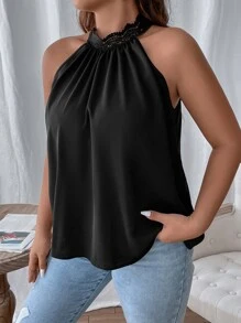 SHEIN LUNE Blusa fruncido cuello con cordón trasero - Negro - Ver 4