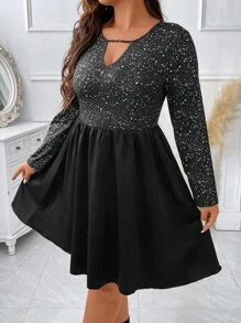 SHEIN Clasi Plus Graphic Print Keyhole Neck Dress - Black - View 3