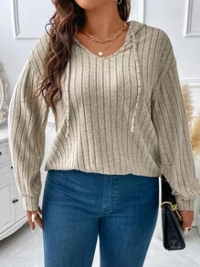 SHEIN LUNE Áo nỉ dệt kim gân vai rớt cỡ lớn - Màu be - Xem 6