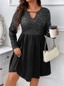 SHEIN Clasi Plus Graphic Print Keyhole Neck Dress - Black - View 5