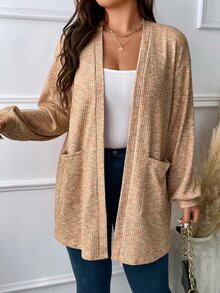 SHEIN LUNE 大碼段染落肩袖開門襟外套 - 卡其色 - 查看 4