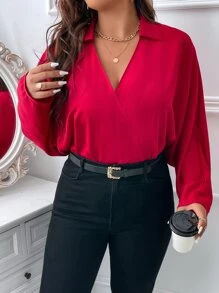 SHEIN LUNE 大碼交疊領蝙蝠袖襯衫 - 紅色 - 查看 1