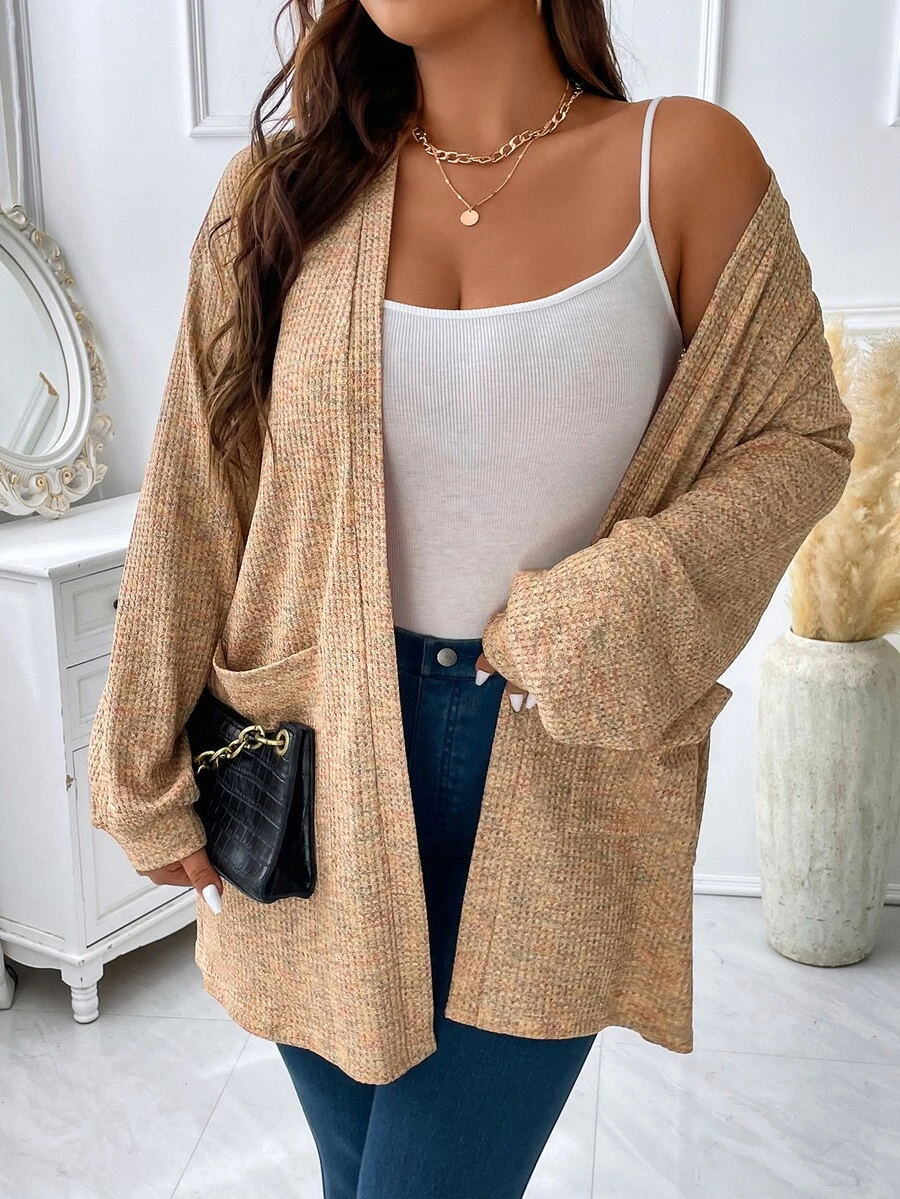 SHEIN LUNE 大碼段染落肩袖開門襟外套 - 卡其色 - 查看 1