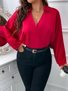 SHEIN LUNE 大碼交疊領蝙蝠袖襯衫 - 紅色 - 查看 3