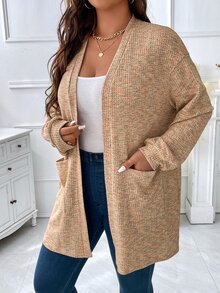 SHEIN LUNE 大碼段染落肩袖開門襟外套 - 卡其色 - 查看 5