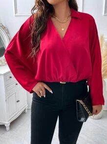 SHEIN LUNE 大碼交疊領蝙蝠袖襯衫 - 紅色 - 查看 4