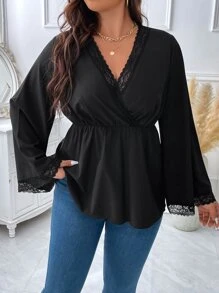 SHEIN LUNE Plus Contrast Lace Trumpet Sleeve Overlap Collar Peplum Hem Blouse Peplum Top - Black - View 1