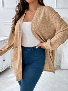 SHEIN LUNE 大碼段染落肩袖開門襟外套 - 卡其色 - 查看 6