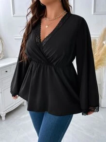 SHEIN LUNE Plus Contrast Lace Trumpet Sleeve Overlap Collar Peplum Hem Blouse Peplum Top - Black - View 3