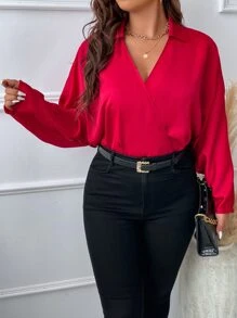 SHEIN LUNE 大碼交疊領蝙蝠袖襯衫 - 紅色 - 查看 6