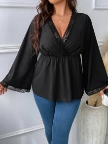 SHEIN LUNE Plus Contrast Lace Trumpet Sleeve Overlap Collar Peplum Hem Blouse Peplum Top - Black - View 4