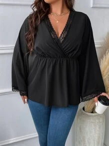 SHEIN LUNE Plus Contrast Lace Trumpet Sleeve Overlap Collar Peplum Hem Blouse Peplum Top - Black - View 5