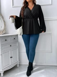 SHEIN LUNE Plus Contrast Lace Trumpet Sleeve Overlap Collar Peplum Hem Blouse Peplum Top - Black - View 6