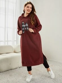 Mulvari Plus Size Letter & Plaid Print Split Hem Drawstring Sweatshirt Dress - Rust Brown - View 5