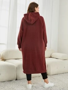 Mulvari Plus Size Letter & Plaid Print Split Hem Drawstring Sweatshirt Dress - Rust Brown - View 2