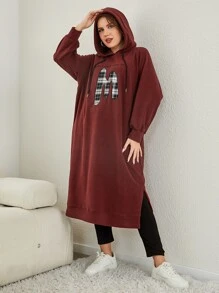Mulvari Plus Size Letter & Plaid Print Split Hem Drawstring Sweatshirt Dress - Rust Brown - View 3
