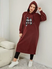 Mulvari Plus Size Letter & Plaid Print Split Hem Drawstring Sweatshirt Dress - Rust Brown - View 4