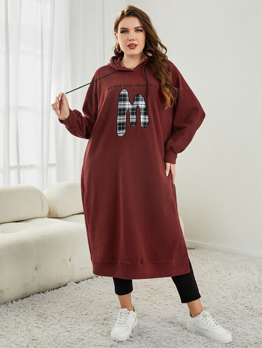 Mulvari Plus Size Letter & Plaid Print Split Hem Drawstring Sweatshirt Dress - Rust Brown - View 1