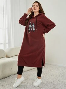 Mulvari Plus Size Letter & Plaid Print Split Hem Drawstring Sweatshirt Dress - Rust Brown - View 6
