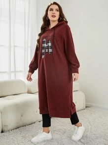 Mulvari Plus Size Letter & Plaid Print Split Hem Drawstring Sweatshirt Dress - Rust Brown - View 7