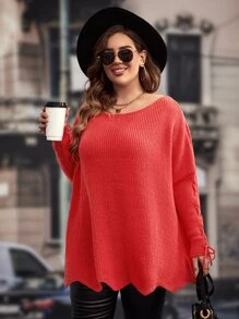 SHEIN Clasi Plus Drop Shoulder Scallop Trim Jumper - Red - View 1