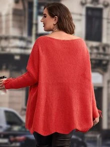 SHEIN Clasi Plus Drop Shoulder Scallop Trim Jumper - Red - View 2