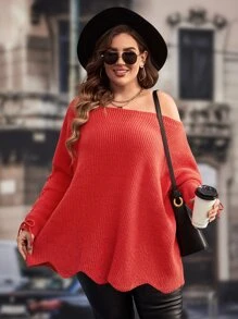 SHEIN Clasi Plus Drop Shoulder Scallop Trim Jumper - Red - View 3