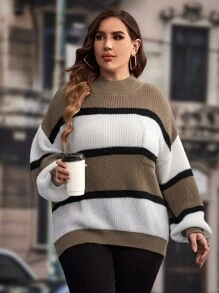 SHEIN LUNE 大碼撞色落肩袖套頭毛衣 - 彩色 - 查看 5