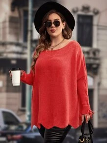 SHEIN Clasi Plus Drop Shoulder Scallop Trim Jumper - Red - View 4