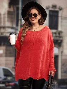 SHEIN Clasi Plus Drop Shoulder Scallop Trim Jumper - Red - View 5