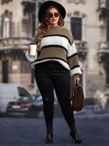 SHEIN LUNE 大碼撞色落肩袖套頭毛衣 - 彩色 - 查看 4