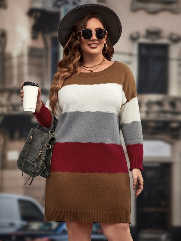 SHEIN Clasi Plus Size Striped Sweater Dress With Turtleneck, For Winter Fall Cloth For Women Autumn