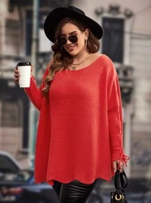 SHEIN Clasi Plus Drop Shoulder Scallop Trim Jumper - Red - View 6