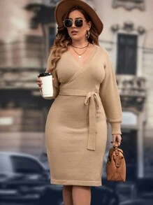 SHEIN Clasi Plus Surplice Neck Belted Jumper Dress - Khaki - View 1