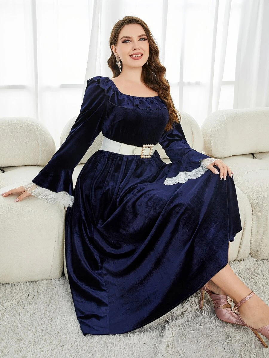 Modelyn Vestido de manga con volante de cuello cuadrado de terciopelo sin cinturón - Azul Marino - Ver 1