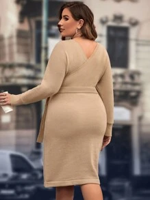 SHEIN Clasi Plus Surplice Neck Belted Jumper Dress - Khaki - View 2