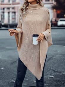 SHEIN LUNE Turtleneck Batwing Sleeve Asymmetrical Hem Knit Poncho - Apricot - View 1