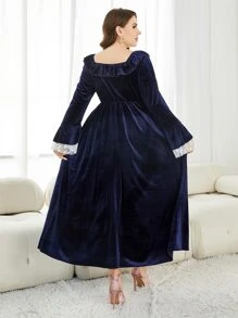 Modelyn Vestido de manga con volante de cuello cuadrado de terciopelo sin cinturón - Azul Marino - Ver 2