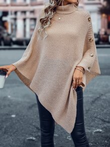 SHEIN LUNE Turtleneck Batwing Sleeve Asymmetrical Hem Knit Poncho - Apricot - View 3
