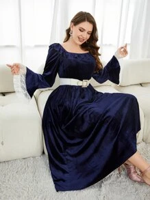 Modelyn Vestido de manga con volante de cuello cuadrado de terciopelo sin cinturón - Azul Marino - Ver 4