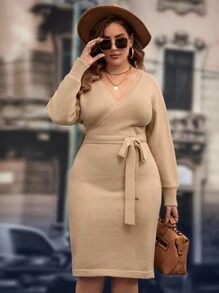 SHEIN Clasi Plus Surplice Neck Belted Jumper Dress - Khaki - View 4