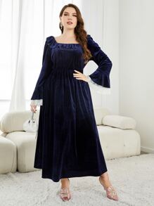 Modelyn Vestido de manga con volante de cuello cuadrado de terciopelo sin cinturón - Azul Marino - Ver 5